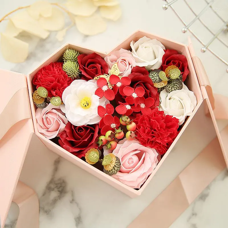 Gift Wrap Heart-Shaped Love Rose Soap Flower Box Valentine's Day Födelsedag för vän Lover Teacher Fake Artificial Bags