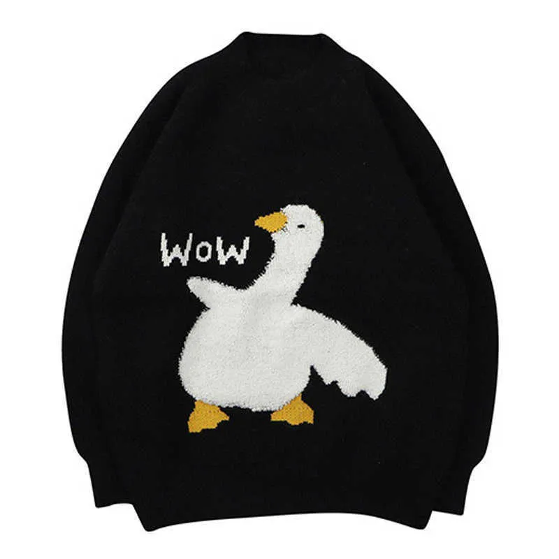 Herrtröjor överdimensionerade stickade du tröja wow men harajuku vintertecknad gåsmönster pullover manlig hiphop streetwear lös pull homme g221018