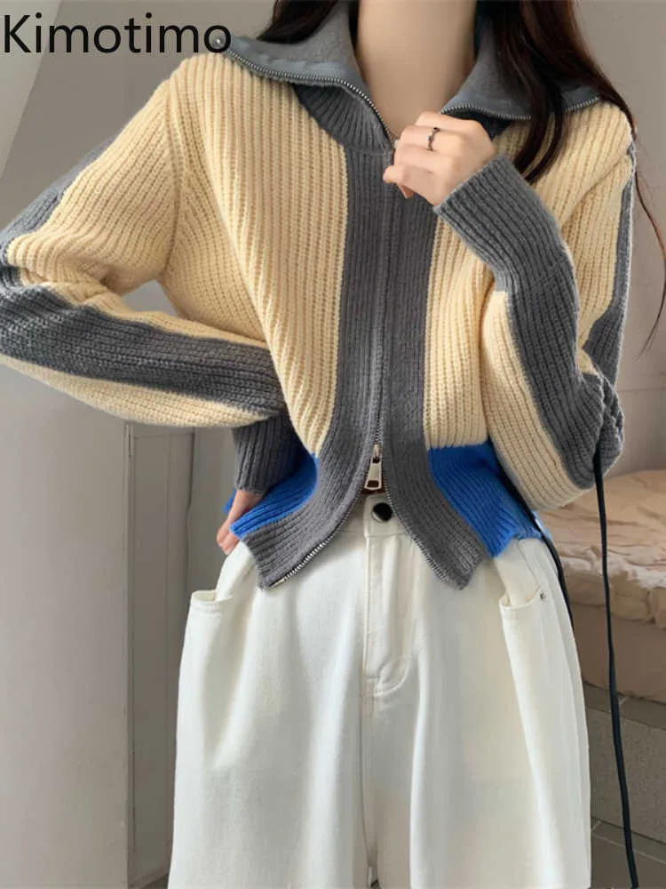 Kadın Sweaters Kimotimo retro hit renk fermuarlı kazak yelek kadınlar sonbahar kış kısa yaka örme ceket Kore şık tasarım uzun kollu üstler j220915