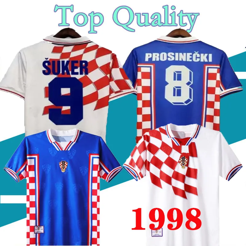 1998 ホームアウェイ SUKER レトロジャージボバンクロアチアサッカージャージヴィンテージクラシック Prosinecki サッカーシャツ SOLDO STIMAC TUDOR MATO BAJIC マイヨデフット