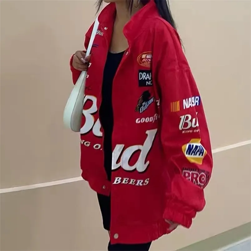 Jaqueta de inverno feminina Casaco vermelho com zíper estampado Manga comprida Jaquetas de corrida Estilo esporte vintage Poliéster Jaqueta feminina 210827