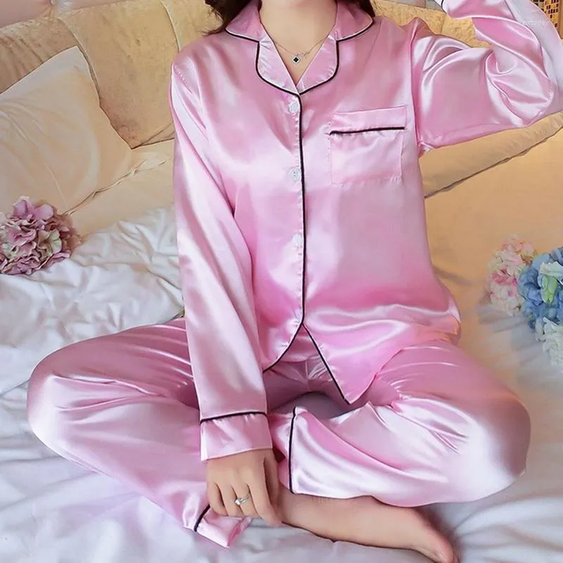 Women's Sleepwear 2022 Autumn Women Turn-down Collar Pajamas Set Silk Satin Full Sleeve Tops Pants 2 Pieces Pajama Plus Size 2XL