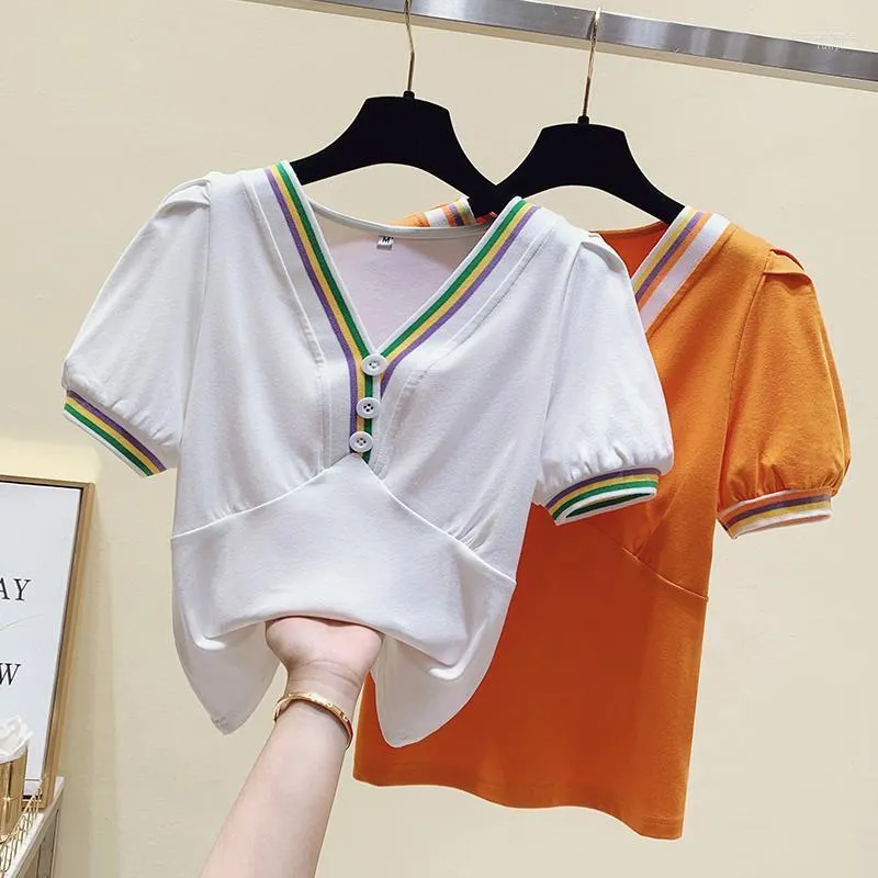 T-shirt feminina T-shirt feminino Real S Mangas curtas Tops 2022 Moda estilo de verão Top de colheita All-Match