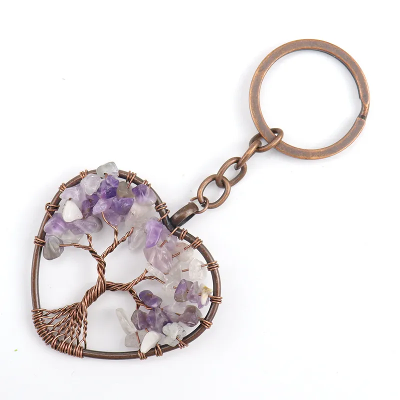 Natural Stone Crystal Keychains Heart Shaped Life Tree Keychain Pendant Car Key Chain Keyring