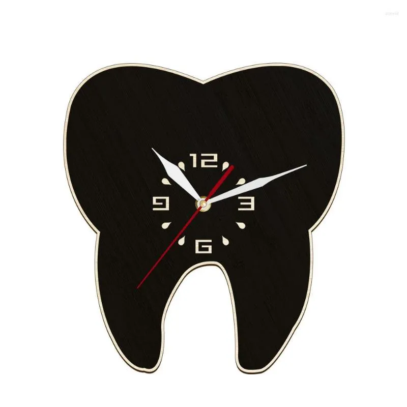 Tooth Shaped Wooden Wall Clock For Dental Office Decor Silent Dentist
