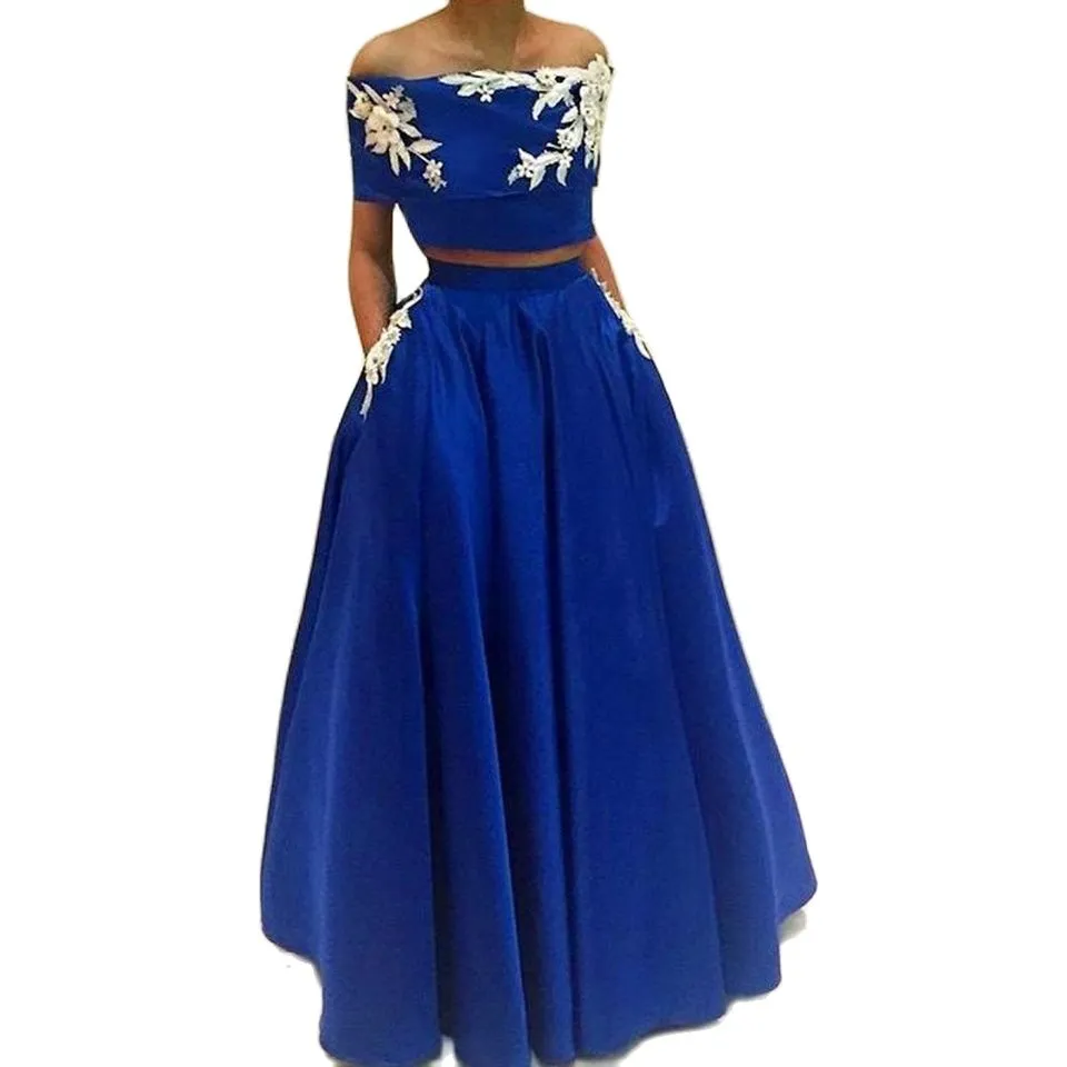 Off Shoulder Royal Blue Satin Long Blue Prom Dress For Women Elegant