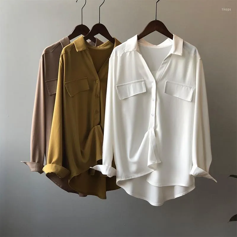 Blouses feminina Blusa de ombro de alta qualidade feminino 2022 Autumn Classic Fashion camisas elegantes Khaki Loose Slave Long Slave Tops
