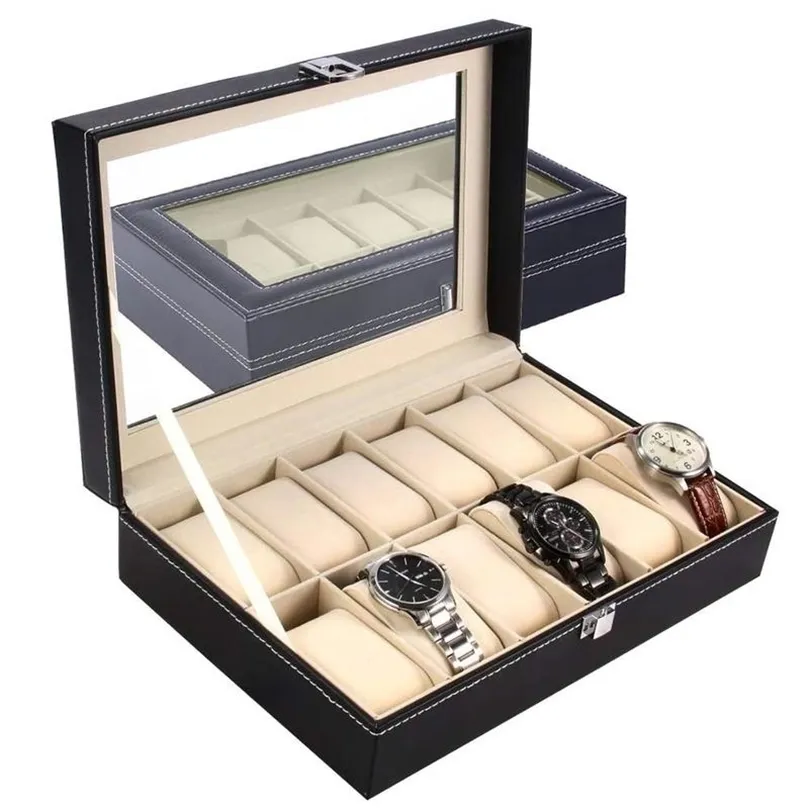 Большой 6/10/12 Grids PU Кожаные часы -бок с хранением профессионального владельца для часов для часов для ювелирных коробок.