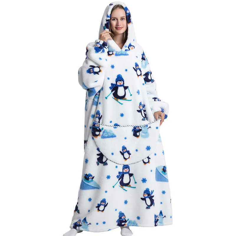 Others Apparel Luxury Winter Oversized Hoodies Sweatshirt Cute Cartoon Penguin Super Long Hooded Blanket Flannel Giant Lazy TV Blanket Pajamas T221018