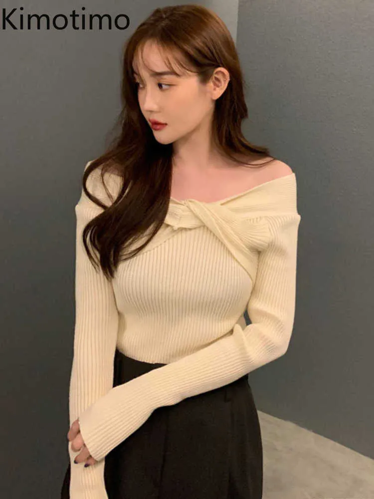 Women's Sweaters Kimotimo One Shoulder Button Sweater Women 2022 Autumn Long Sleeves Knitted Tops Korean Design Temperament Slim Depth Sweater J220915