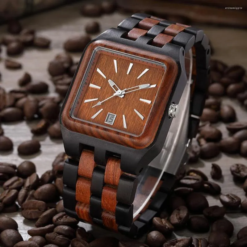 Armbandsur Creative Square Wood Watch Male Casual Fashion Quartz Mens Watches Simple Design Clock Automatic Date Relogio Masculino