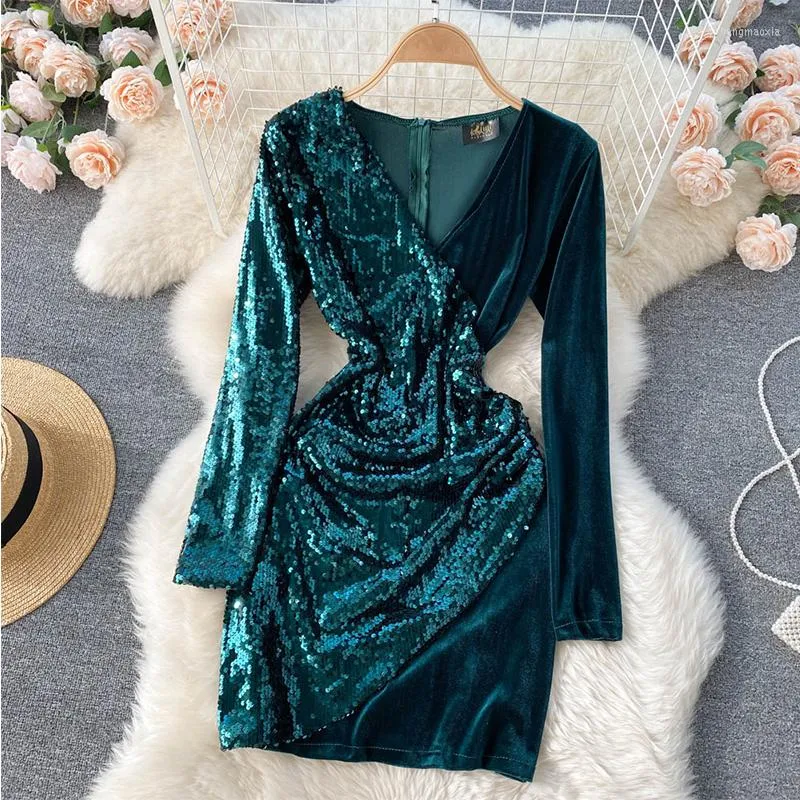 Casual Dresses LY VAREY LIN Spring Autumn Party Short Dress Women Sexy High Waist Sequins Patchwork Velvet Slim Long Sleeve