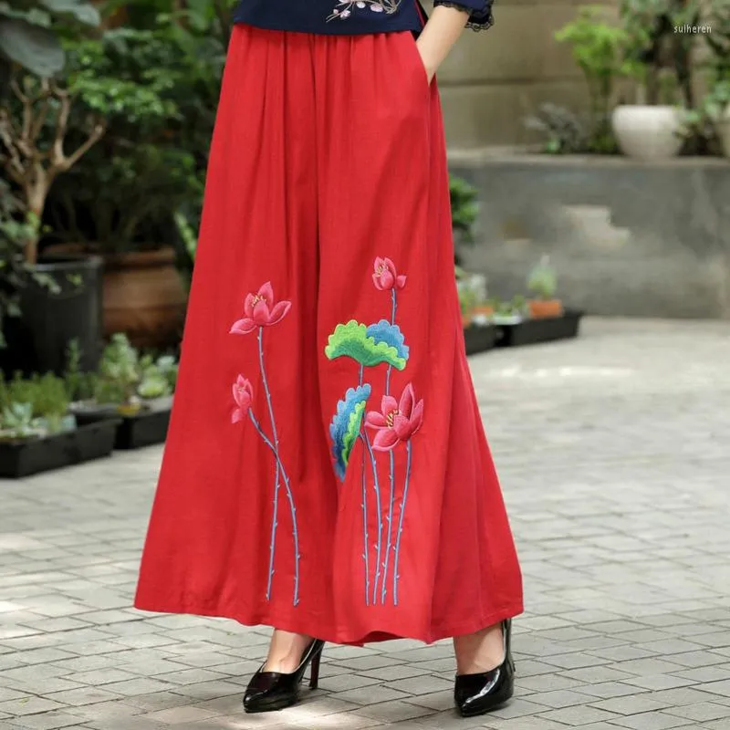 Ethnic Clothing Sheng Coco Women Traditional Chinese Pants Bloomers Bottoms Cotton Linen Loose Pantalon Chinois Elegant Lotus Flower Print