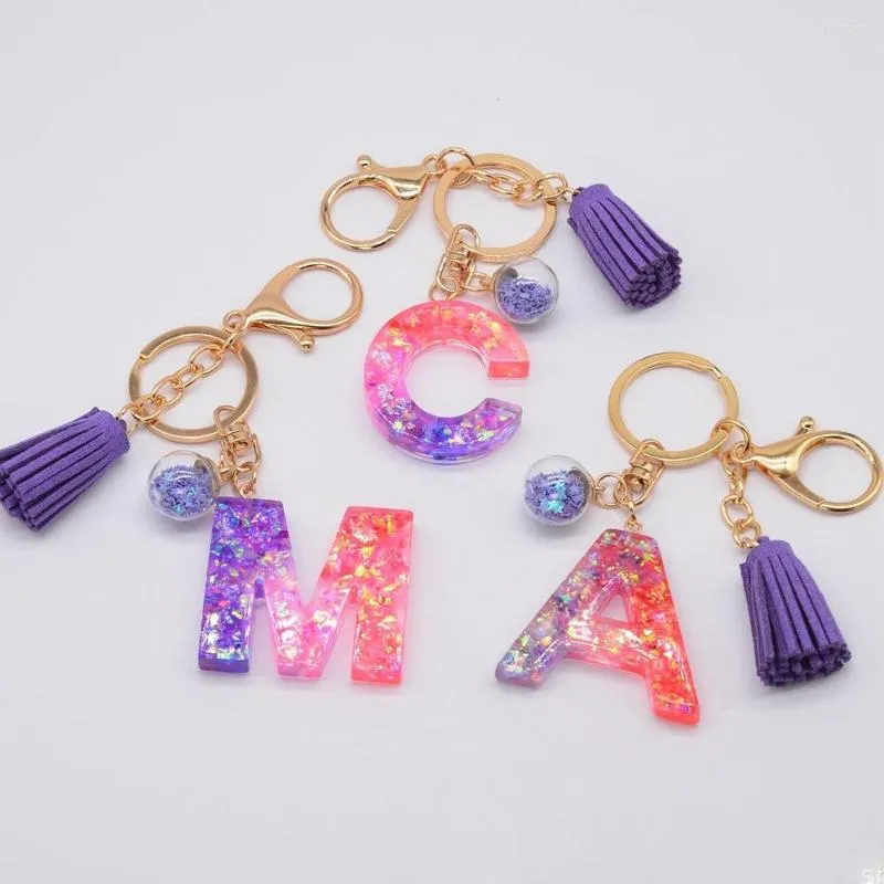 Keychains A-Z 26 문자 키 체인 Tassels Crystal Glitter Resin Keyring for Women Bag Carms Car Key Holder 액세서리