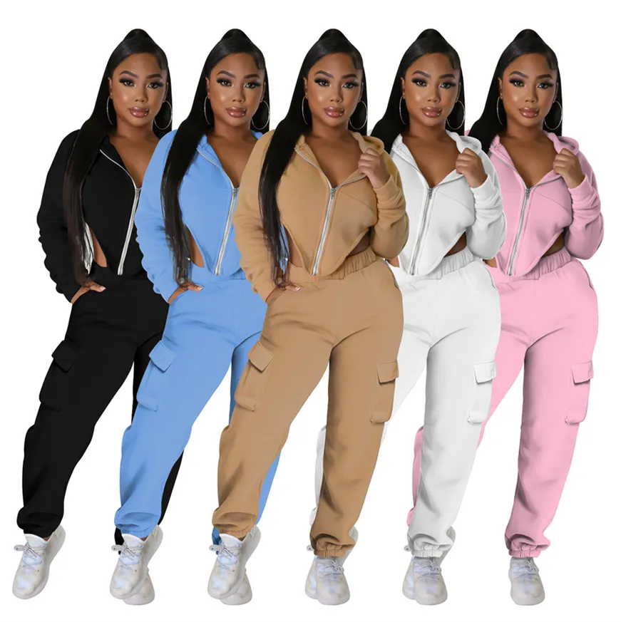 Fall Womens 2 Piece Pants Sets Outfits Tracksuits Long Sleeve Zipper Fly Hooded Jacket and Legging Bulk Item Wholesale Lots Clothing Solid Color K10498