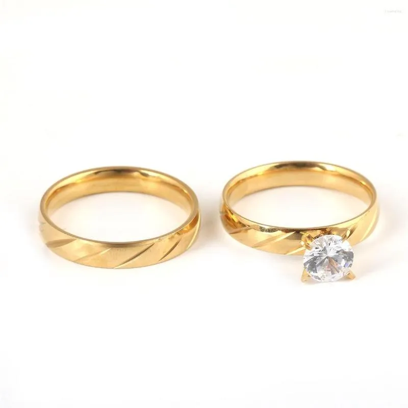 Anéis de casamento 2 Camadas Gold Silver Plated Stainless Stone Crystal de zircão cúbico para Jóias de noivado de Casal Solid Lover