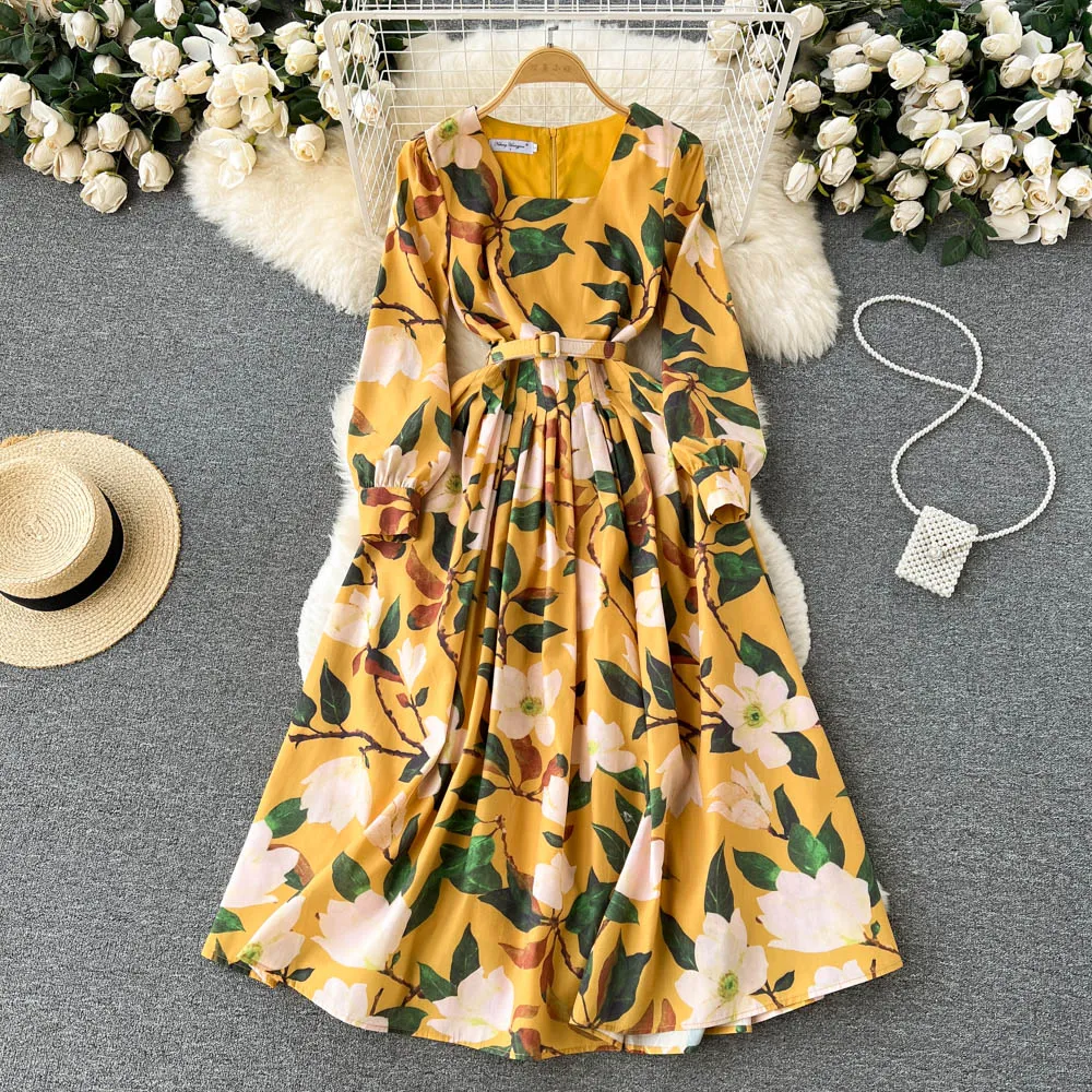 open lace back dress Spring and Summer Women's Ruffle Dress Long Retro Pleated Dress Long Skirt  at Amazon Women's Clothing store