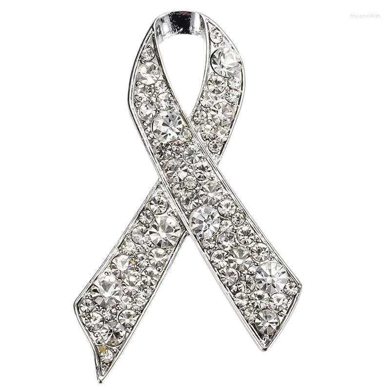 Brooches Silver Color White Rhinestones Ribbon Brooch Breast Cancer Awareness Pin Promotional Gift Wholesale