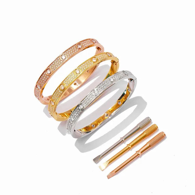 2022 Nuevos brazaletes de pulseras de tornillo de amor con brazalete completo de oro rosa de plata de diamante CZ con pulsera de destornillador para amantes Joyería de acero de titanio