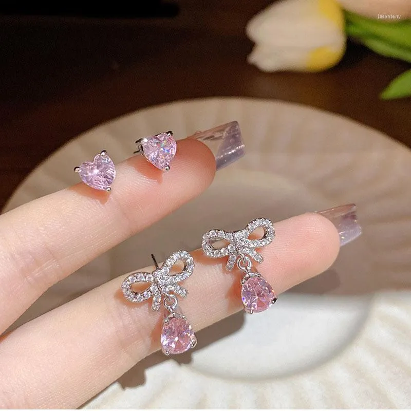 Bengelen oorbellen roze zirkoon boog vlinder set voor vrouwen 2022 trending luxe statement sieraden Koreaans kerstcadeau