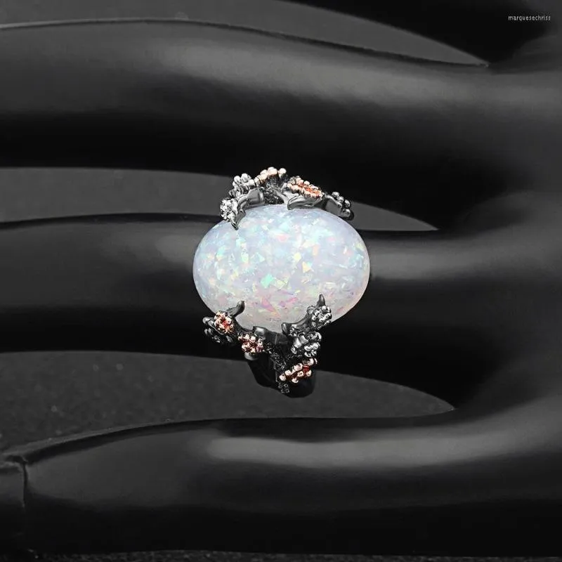 Wedding Rings YWOSPX Vintage Black Gold Color Ring White Fire Opal Flower For Woman Gifts Engagement Statement Size 5-11 Y32297