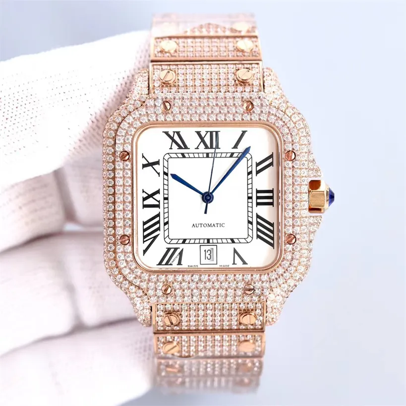 diamant montre mens montre mouvement mécanique montres verre saphir anti-rayures 316L boîtier en acier fin bracelet 40mm boucle déployante 004