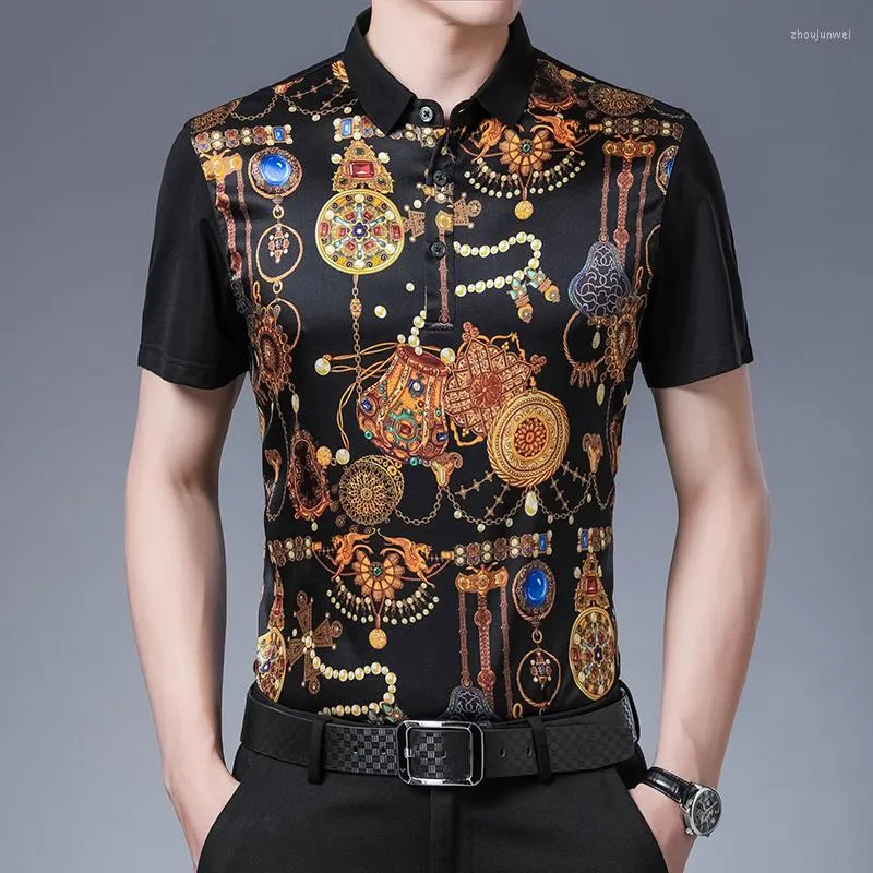 Men's Polos Retro Luxury Real Silk Mens Shirts With Printed Gold Vintage Baroque Dresses Large Sizes Blouse Royal Jewelry T Collar