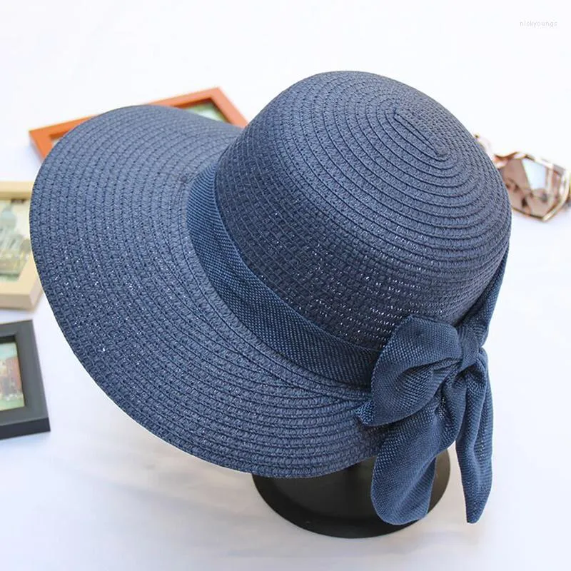 Wide Brim Hats Summer Sun Women Fashion Girl Straw Hat Ribbon Bow Beach Casual Dome Panama Bone Feminino