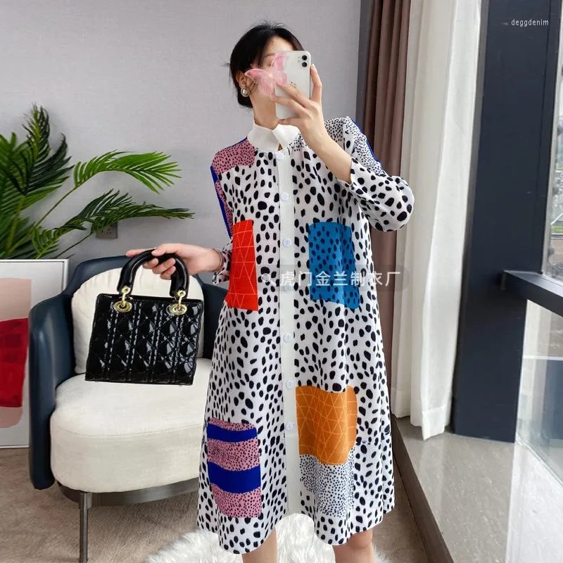 Casual Dresses Miyake Woman Pleated Long Sleeve Dress Print Loose Stand Collar Single Breasted Wild 2022 Summer Fashion Women Shirt