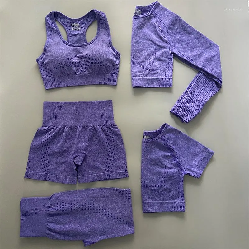 Active Sets Seamless Yoga Set 3/5Pcs/Set Purple Leggings High Waist Crop Top Sports Suits Fitness Wear Gym Clothing Women's Tracksuit