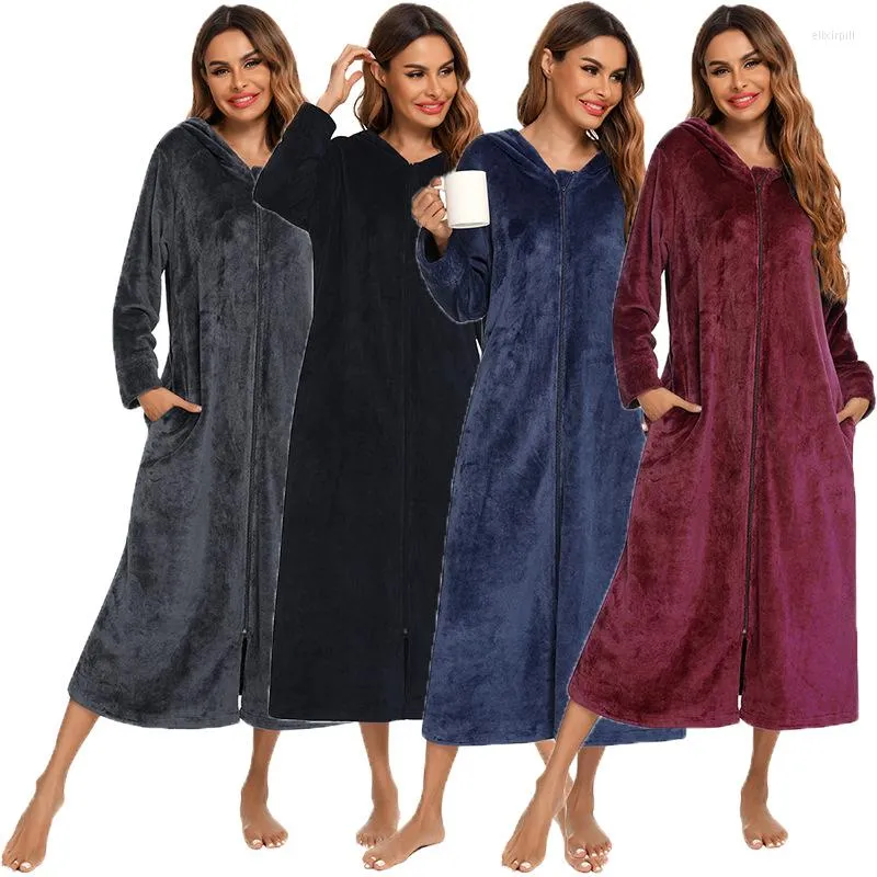 Dames slaapkleding witbuy ritssluiting voorkant unisex winterkleedjurk met zakken flanellen nachtkleding voor vrouwen warme lange pyjama's