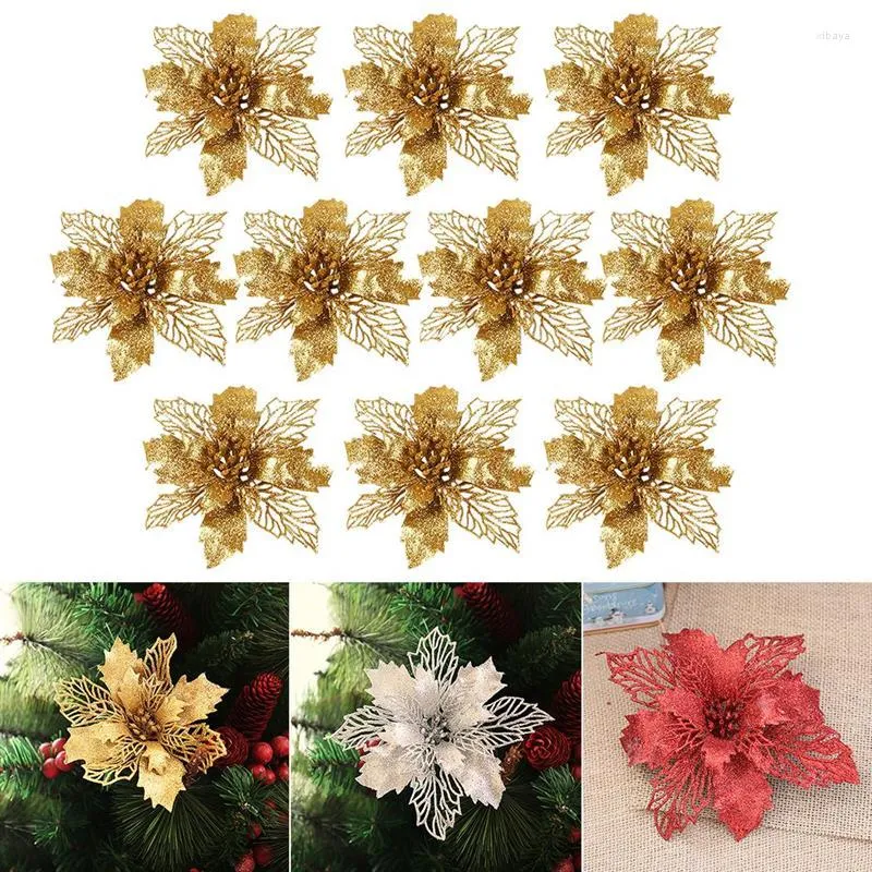 Christmas Decorations 10PCS 15cm Plastic Simulation Glitter Hollow Flower Wedding Artificial Flowers Valentine's Day Decoration