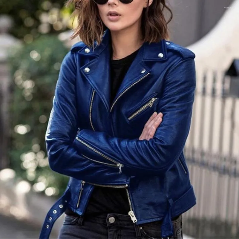 Veste de motard en cuir pour femme Lady Women Warm Cool Turndown Collar Belt