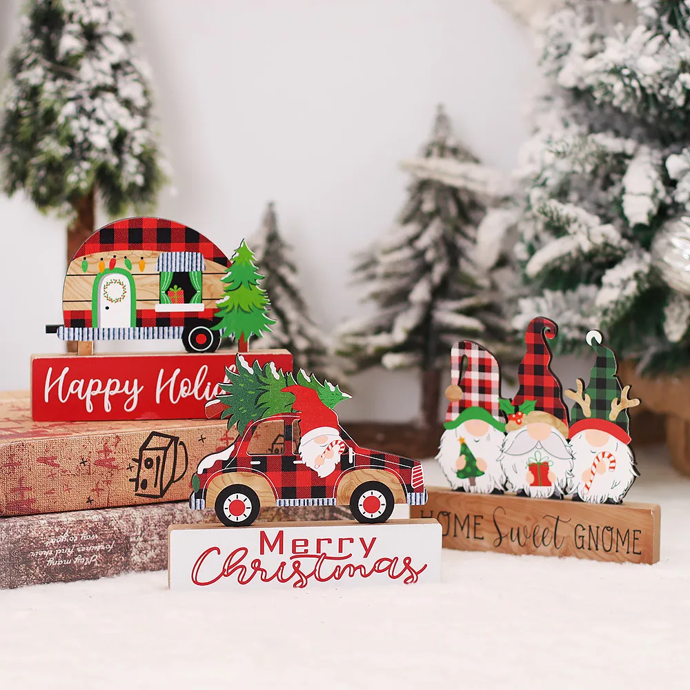 Décorations de table de Noël Gnomes de voiture Arbre de Noël Signes de table en bois pour les vacances Dîner Ornement KDJK2210