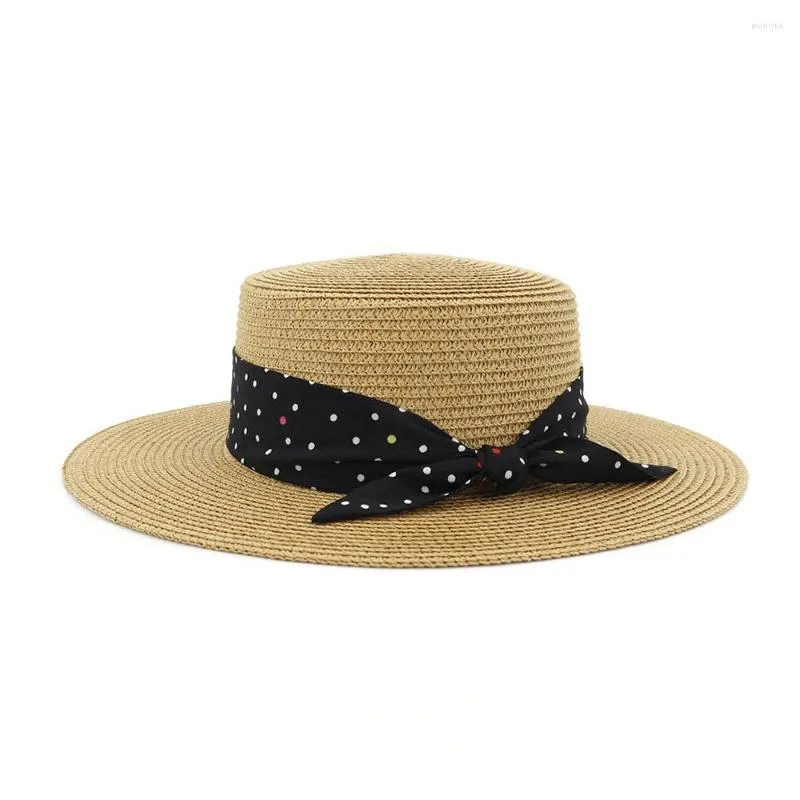 Breda brimhattar 2022 Summer Straw Sun Hat For Women Flat Prok Pie Boater Beach Fedora Sunbonnet