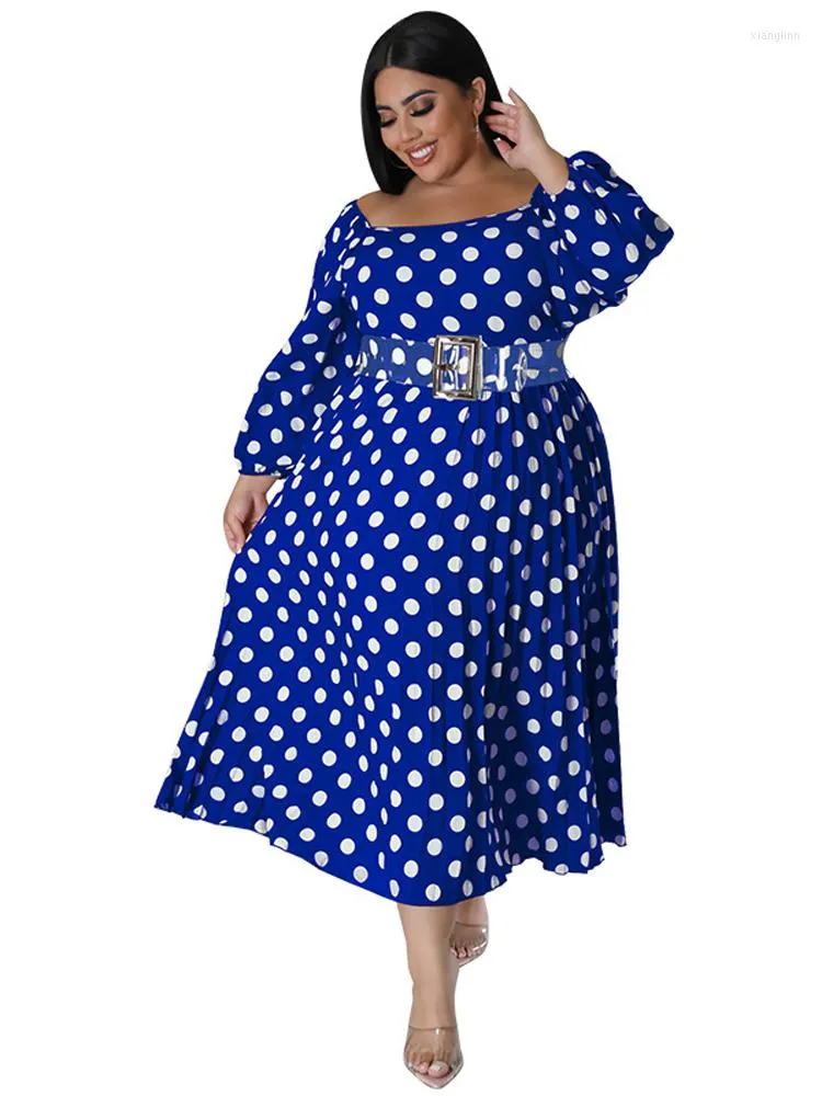 Plus Größe Kleider 5XL Für Frauen Quadrat Kragen Gefaltete Roben 2022 Mode Dot Print Street Oversize Lange Kleid Vestidos