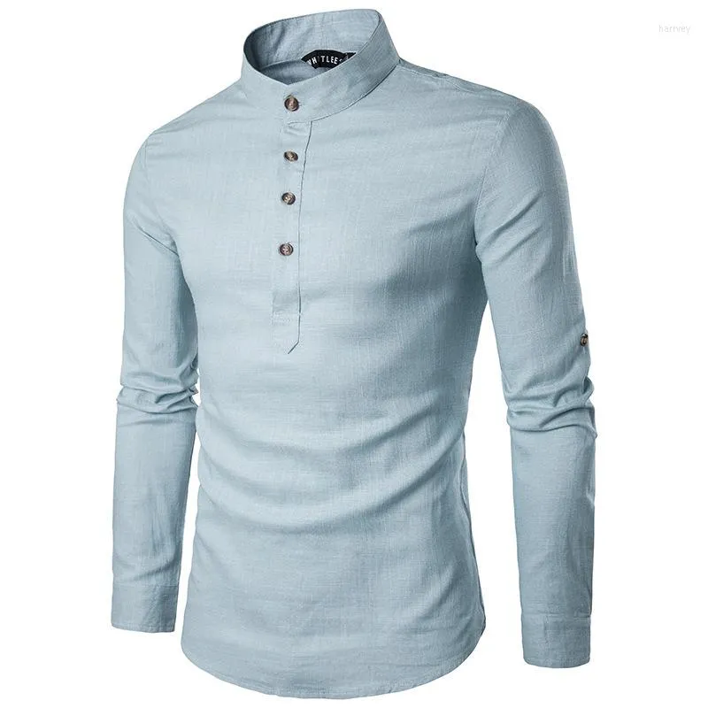 Men's Casual Shirts Spring Cotton Linen Men Man Long Sleeve Solid Color Stand Collar Chinese Clothes Male Big Size