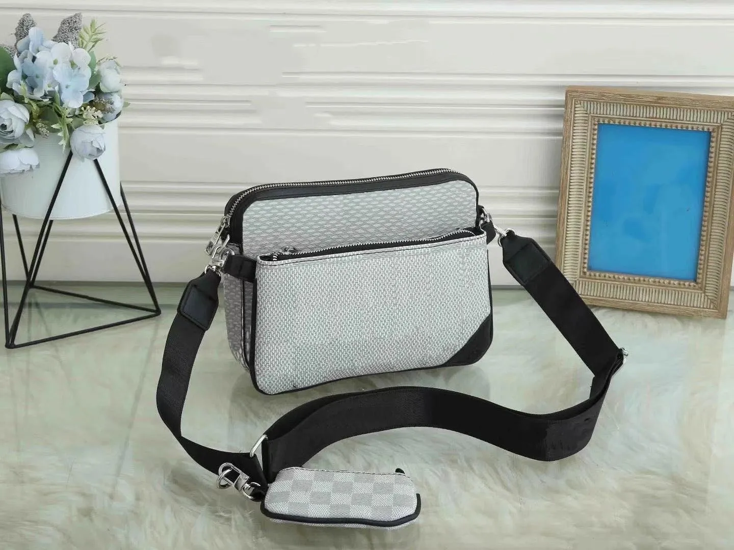 Stylish 3-in-1 checkerboard checkered single shoulder diagonal messenger bag canvas shoulder strap man bag