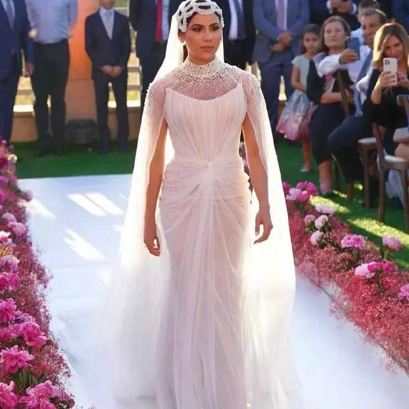 Oszałamiające sukienki ślubne pochłaniowe z rękawem Cape Tleeve High Collar Bridal suknia PLATLUSU ILLUSION VESSIDO DE NOVA MANGA LONGA 326 326