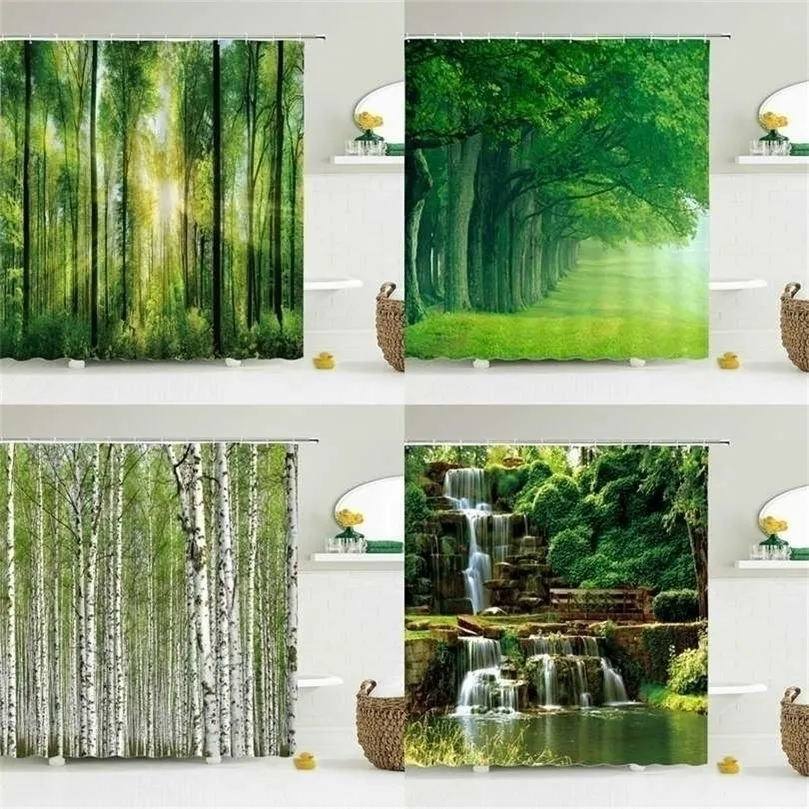 Современная 3D -печать в лесной занавеске для душа зеленый растение пейзажная ванна с крючками для ванной комнаты водонепроницаемые пейзажи 211023