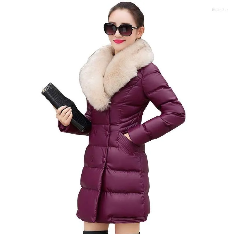 Trench da donna Moda Collo in pelliccia grande Giacca invernale Donna Lungo Taglie forti Piumini in pelle PU Cotone antivento Caldo nero imbottito