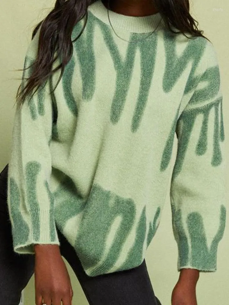 Maglioni da donna sfumatura verde stampa maglione lavorato a maglia donna 2022 autunno inverno manica lunga allentato femminile casual O-Collo Lady Pullover Top