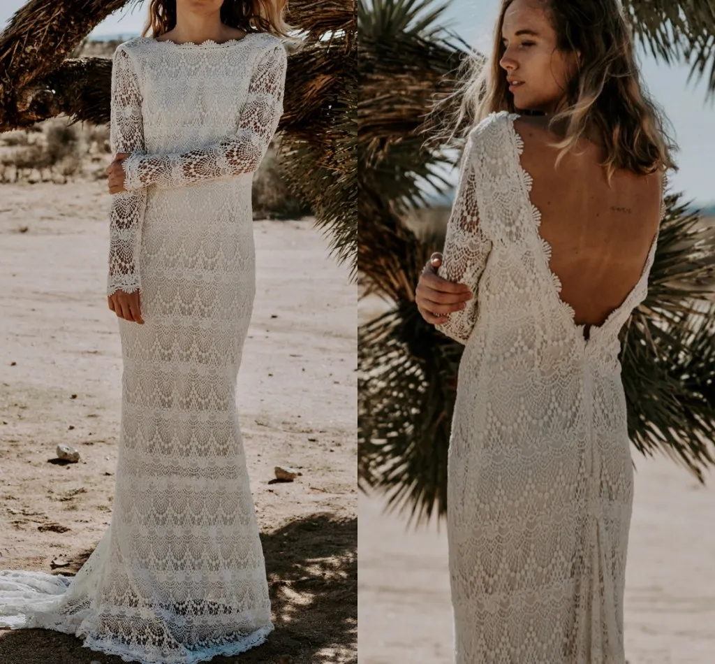 Hipple O Neck Bohemian Wedding Dress Spets Open Back Sweep Train Beach Crochet Cotton Spets L￥ng￤rmad brudkl￤nning kl￤nning