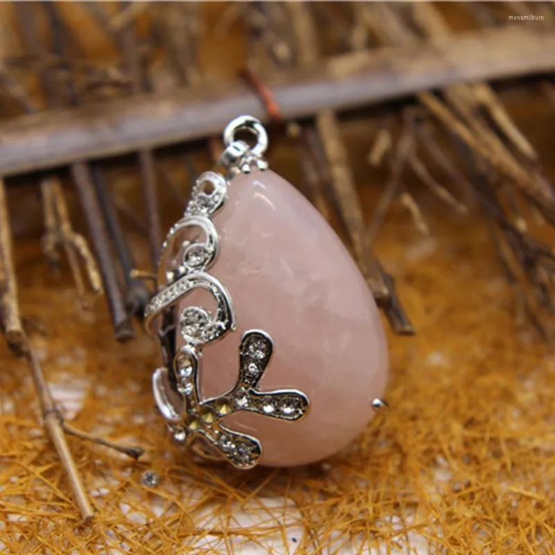 Collane con ciondolo Placcato argento Wire Wrap Collana con goccia d'acqua in pietra di cristallo rosa opale per regalo Donna Reiki Healing Creazione di gioielli Druzy