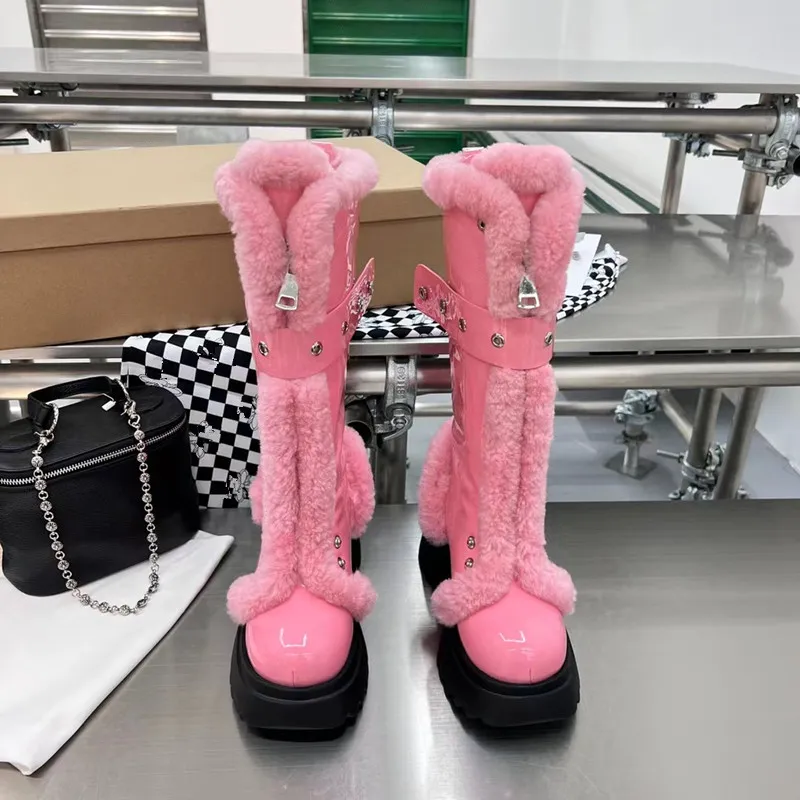 Runway Fur Thick Sole Shinny Leather Boot Women Round Toe Short Plush Snow Boots Warm Winter Shoes Punk Long Booties