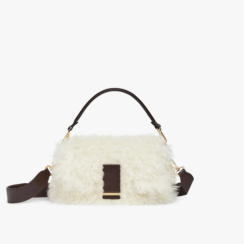 Nya kvinnors baguettpåse Flap Cashmere White Mohair Wool Bag Medium Iconic Fur Crossbody Väskor axel Zip Pocket Gold Dark Brown Leather Fashion Clasp Size 37-15-6 cm