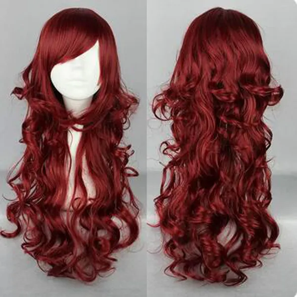 Anime popular, estilo vermelho escuro, estilo super fofo L Wave Curly Wig Cos Wig