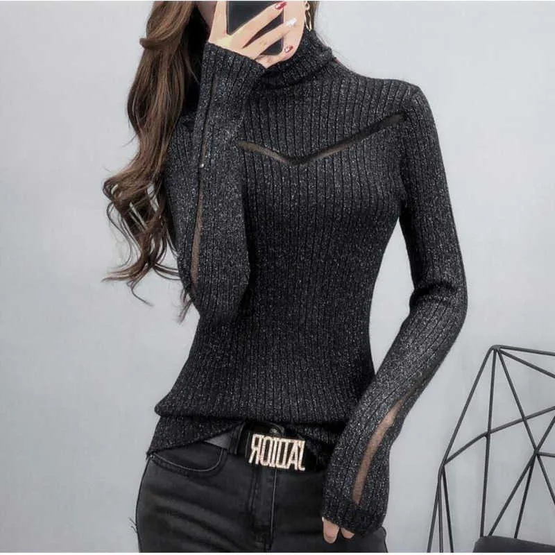 Women's Sweaters #3801 Turtleneck Thin Knitted Tops Split Joint Mesh Hollow Out Knitwear Pullover Women Elastic Sweaters Ladies Knitwear Spring T221019