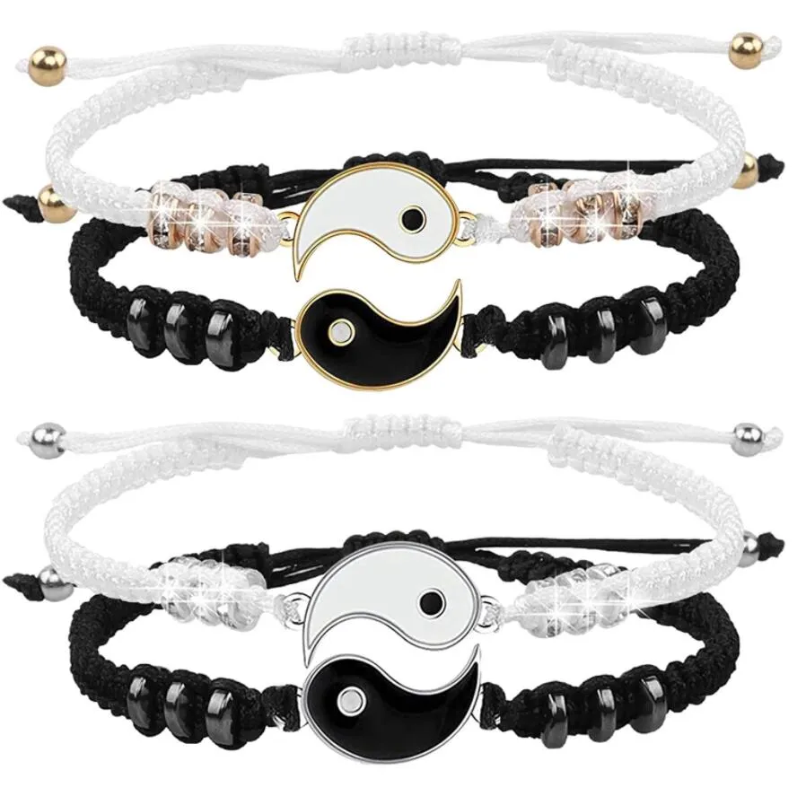Fortunato Tai Chi Yin Yang Coppia Bracciali Ciondolo in lega Collana con bracciale a catena a treccia regolabile Set di collane con braccialetti per amanti abbinati
