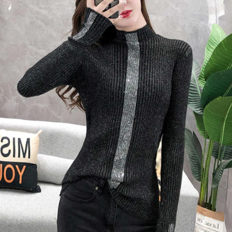 Kvinnors tröjor #3804 Shiny Diamonds Women Sweaters and Pullovers Turtleneck Knitwear Sweater Casual Tight Knitted Top Ladies Black Green Blue T221019